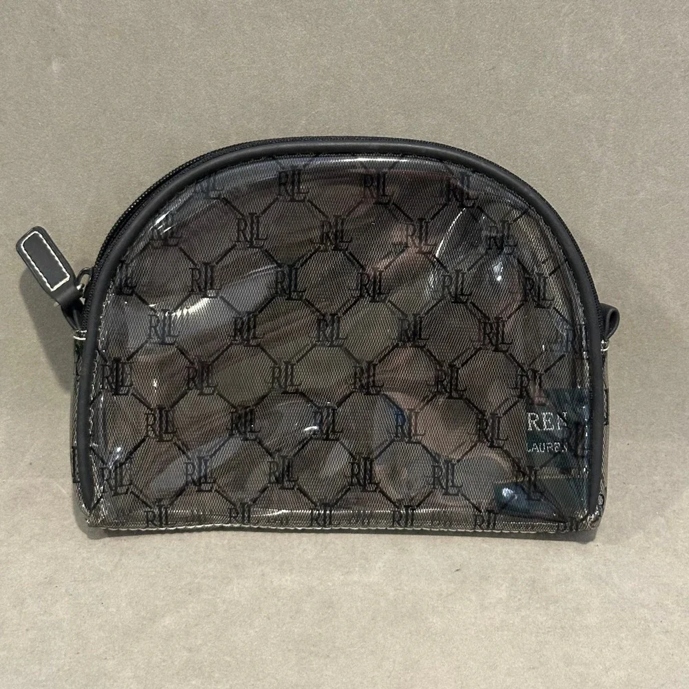 Lauren Ralph Lauren Clear RLL Monogram Cosmetic Bag Black Mesh Makeup Pouch Dome
